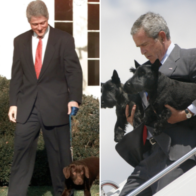 President Barack Obama running with his dog Bo, President Bill Clinton walks his puppy Buddy at the White House, and President George W. Bush walks off Air Force One carrying the family pets Barney and Miss Beazley. Photos: Agence France-Presse/The White House, AP, Agence France-Presse