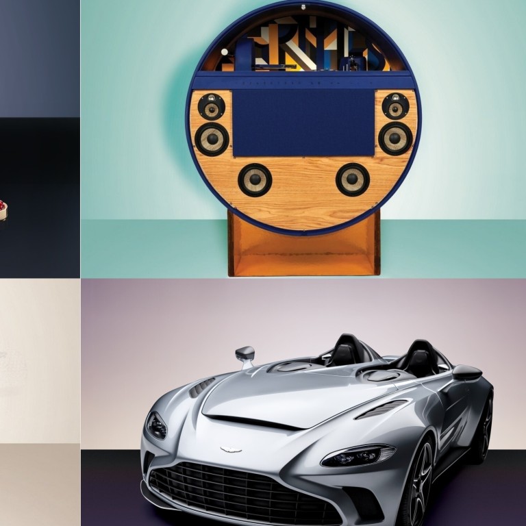 Clockwise from top left: Montblanc’s Insignia of Power pen; Hermès jukebox; Aston Martin’s V12 Speedster; diamond-encrusted face mask. Photos: Handouts