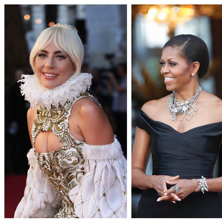Lady Gaga wears pearl earrings by Anabela Chan; Michelle Obama shows off a Dickson Yewn ring. Photos: Invision/AP, AP Photo