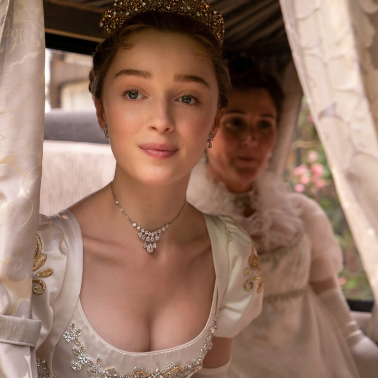 Actresses Phoebe Dynevor and Ruth Gemmell show off the remodelled Regency look of some of the 7,500 costumes used in Netflix series Bridgerton. Photo: Netflix
