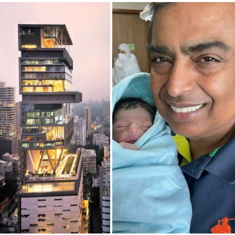 New parents Akash and Shloka Ambani, the Ambani family mansion, and Mukesh with his new grandson, Prithvi. Photos: @shloka_mehta_official; @maria_dashkevich/Instagram