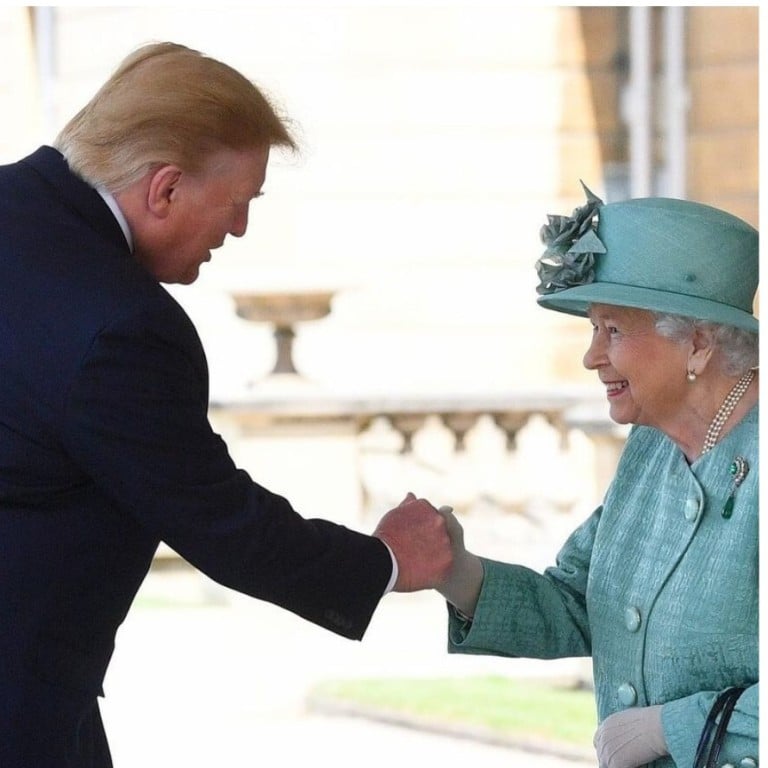 Donald Trump with Queen Elizabeth and Xi Jinping. Photos: @theroyalfamily/Instagram, @HornedPoet/Twitter