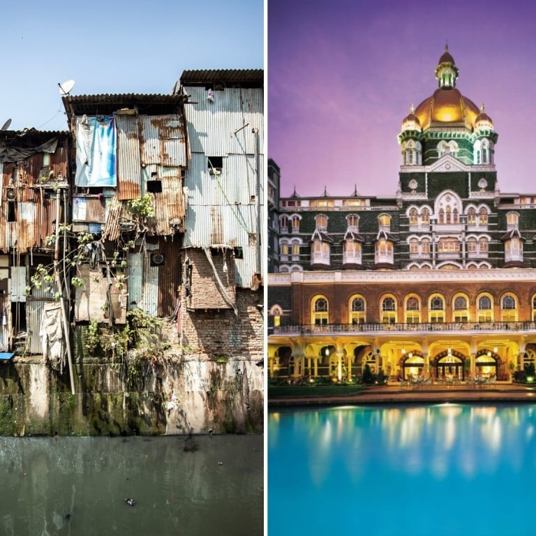 The two sides of Mumbai: the Dharavi shantytown and the glamorous Taj Mahal Palace. Photo: AFP