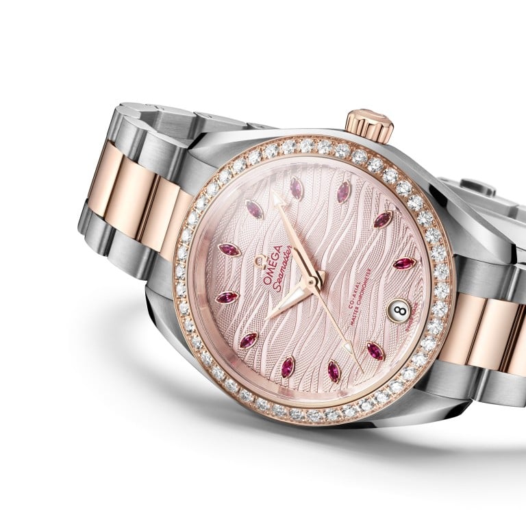 One of the new models in the Seamaster Aqua Terra collection for women features a pale pink dial with marquise-cut rubies used as hour markers. Photo: Omega