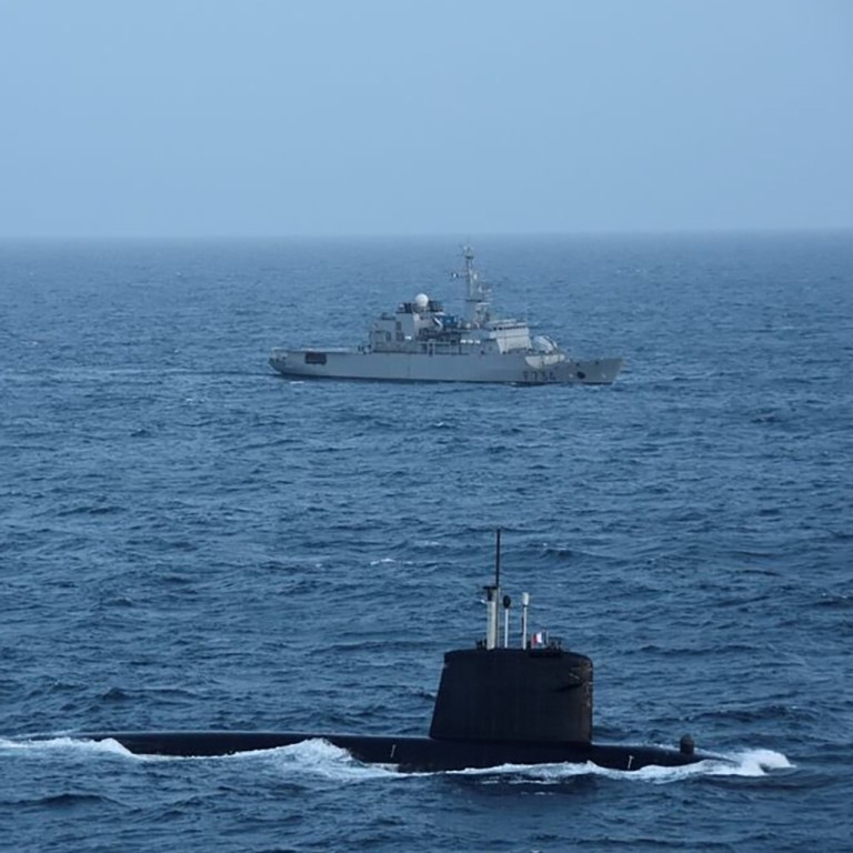 The French nuclear attack submarine Émeraude and naval support ship Seine sailed through the South China Sea in February. Photo: Twitter