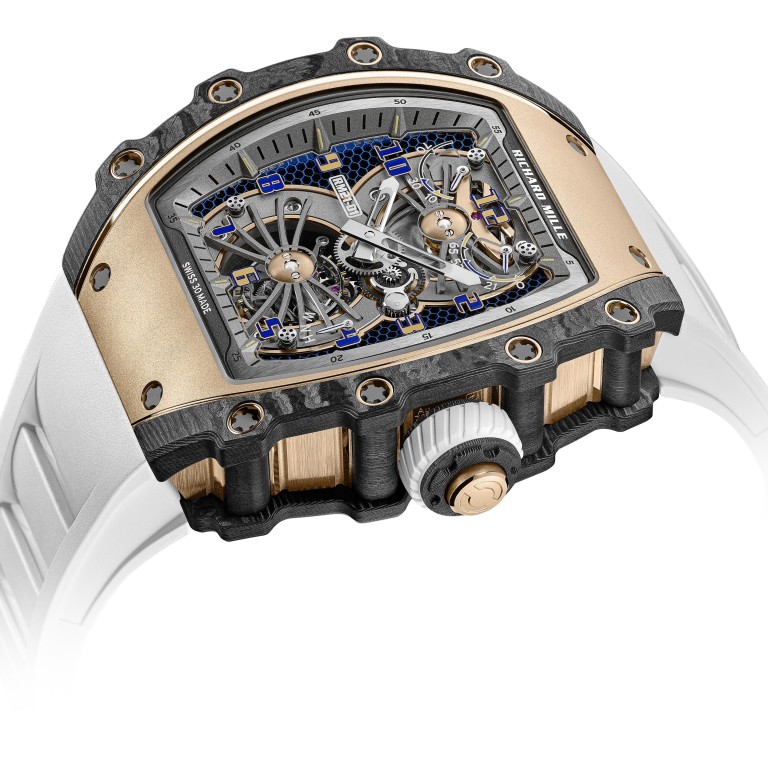 Richard Mille’s new RM 21-01 Tourbillon Aerodyne has a 5N red gold case with an exoskeleton made of black Carbon TPT. Photo: Richard Mille