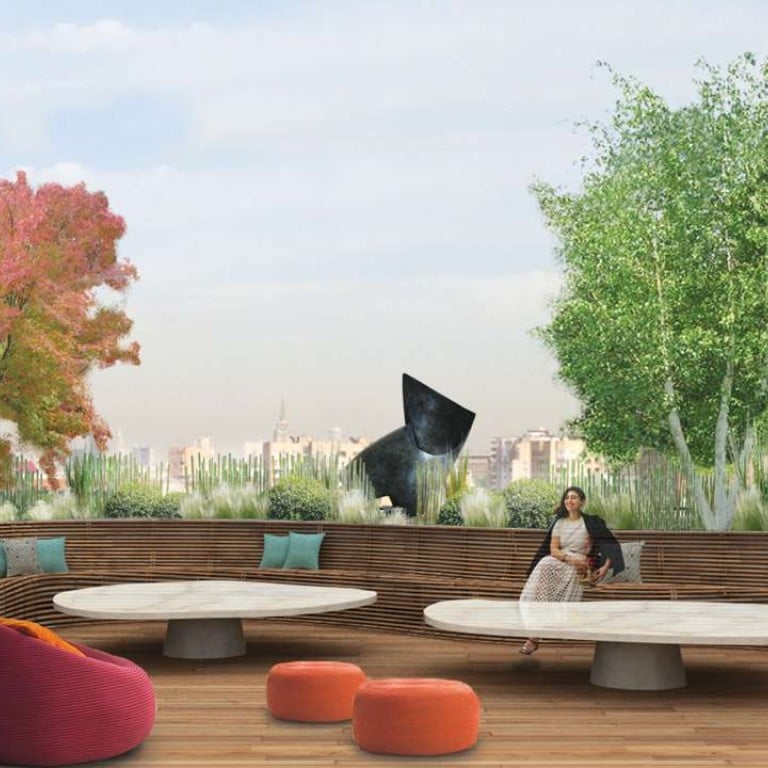 A batten teak bench snakes around the entire terrace, surrounded by trees of varying heights. Illustrations: Christian Préaud