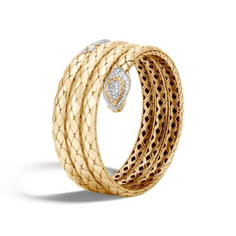 John Hardy. The 18 ct gold double coil bracelet with paved diamonds resembles a cobra wrapped around the wrist, HK$184,470
