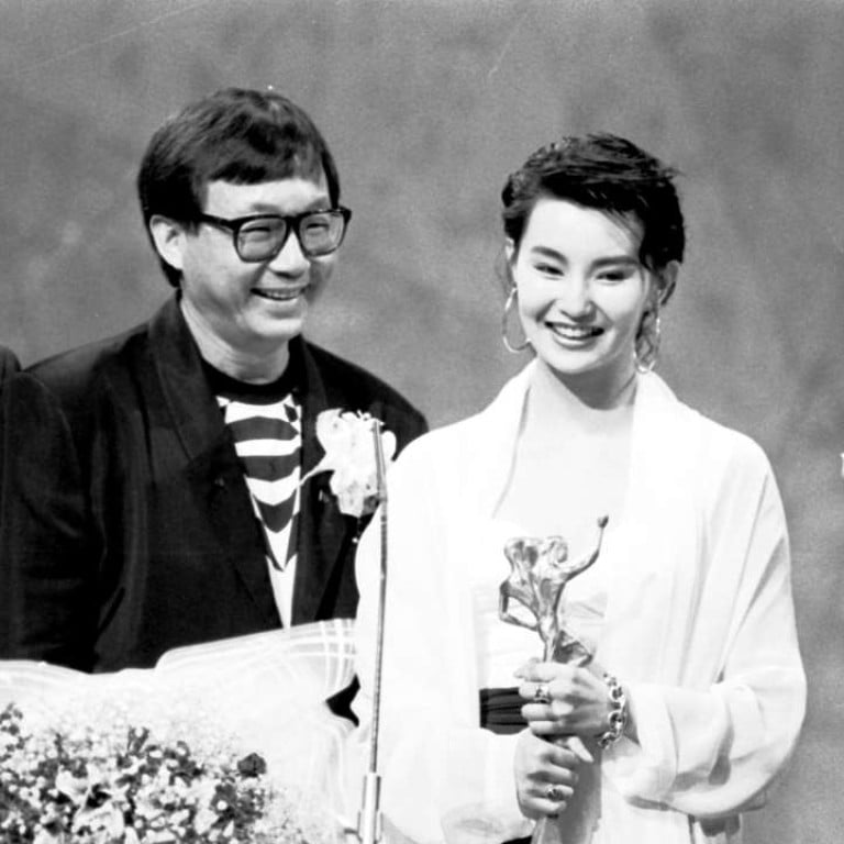 Maggie Cheung Man-yuk (third from left), the winner of the best actress award, giving an address at the Hong Kong Film Awards presentation ceremony. With her are (from left) comedians John Shum Kin-fun and Michael Hui Koon-man.
