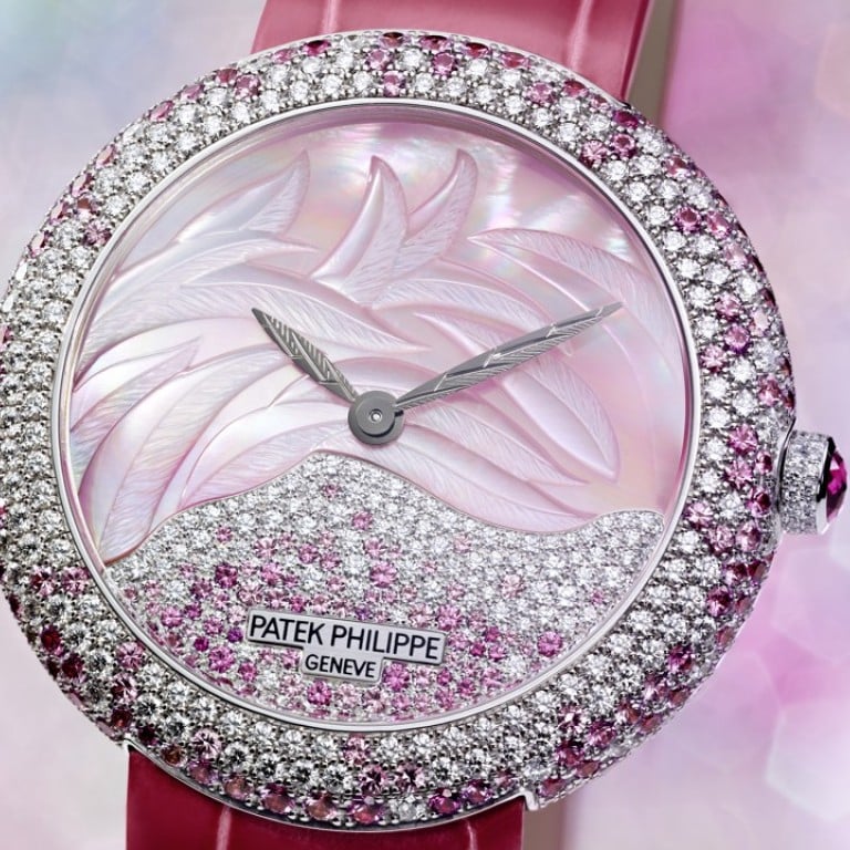 Patek Philippe’s Calatrava Haute Joaillerie Ref. 4899 is decorated with a mother-of-pearl dial and a mixture of diamonds and rose sapphires.