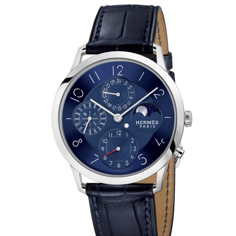 Hermès. The mother-of-pearl moon on the all-blue Slim d’Hermès Quantième Perpétuel Platine stands out, HK$372,000