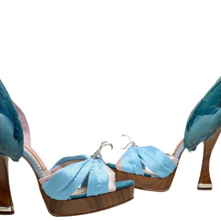 Caroline Groves’ ‘Parakeet’ shoes made from leather and silk satin with solid silver talons, heel tips and feathers, in 2014.