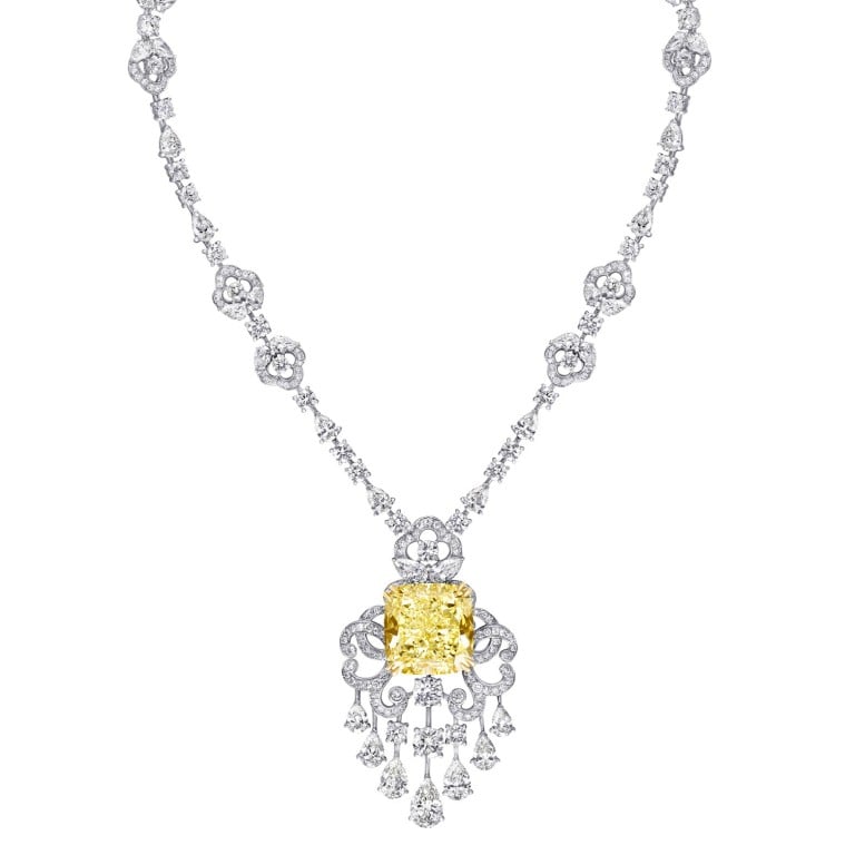 Glamorous display highlights stunning diamond and coloured diamond rings, necklaces and bracelets