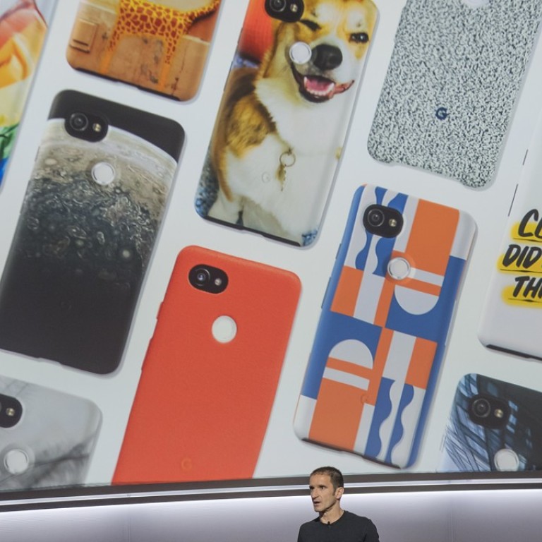 Mario Queiroz, vice president of product management for Google, speaks about the Google Pixel 2 smartphone during a product launch event in San Francisco yesterday. Google unveiled the second generation of its own devices along with an array of entirely new gadgets, ploughing the company deeper into a competitive consumer hardware market. Photo: Bloomberg