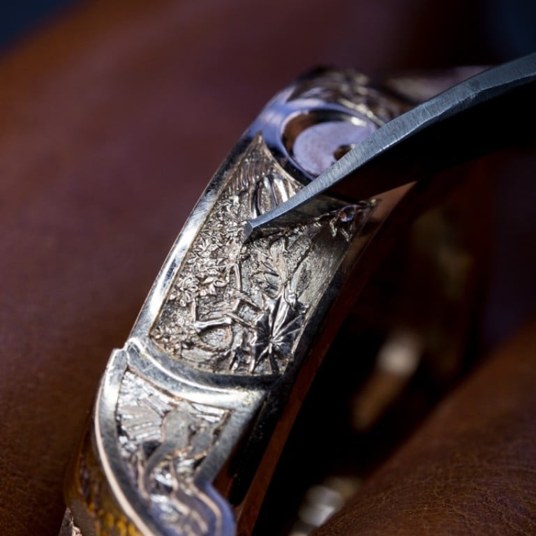 The hand-engraved middle band of the Tropical Bird Repeater watch by Swiss watchmaker Jaquet Droz.