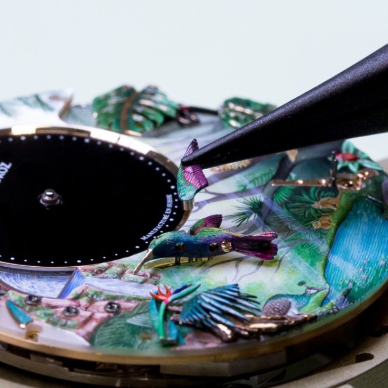 The dial of the Tropical Bird Repeater watch by Swiss watchmaker Jaquet Droz.