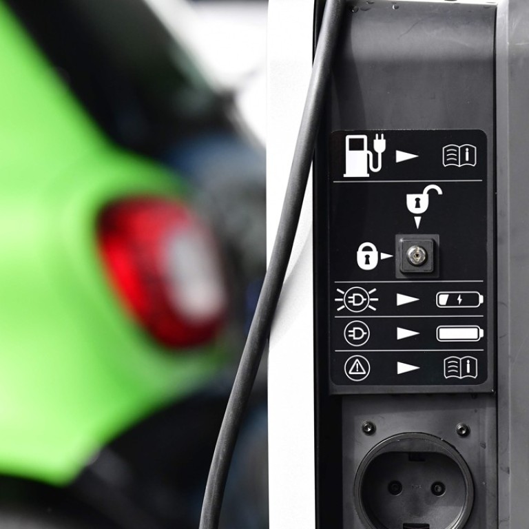A charging panel is pictured at a loading station for electric cars at the Frankfurt Auto Show IAA in 2017. Photo: AFP
