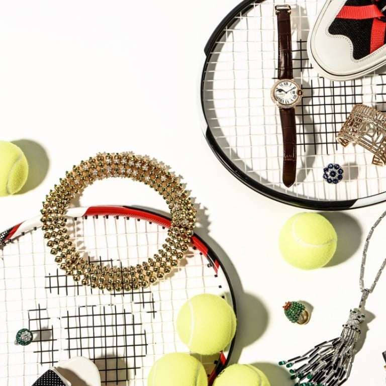 Cartier, Ballon Bleu de Cartier moonphase watch in pink gold with diamonds, HK$353,000, Cactus de Cartier necklace in yellow gold with emeralds and diamonds, price on request, Ballon Bleu de Cartier moonphase watch with brown strap in pink gold with diamonds, HK$251,000, Cactus de Cartier ring (bottom right) in yellow gold with emeralds, carnelians and diamonds, HK$595,000, tassel necklace in white gold with diamonds, emeralds and onyx, price on request; Graff, Halo round emerald and diamond ring (left), HK$690,000, Star Grande Date Watch in rose gold (bottom right), HK$310,000; Boucheron, Quatre Radiant Edition bangle in rose gold with brown diamonds, HK$856,000; Chopard, white gold and sapphire ring, price on request; Givenchy, sneakers, HK$9,000, sunglasses, HK$3,390; Christian Louboutin, heel, price on request; Gucci, socks, price on request.