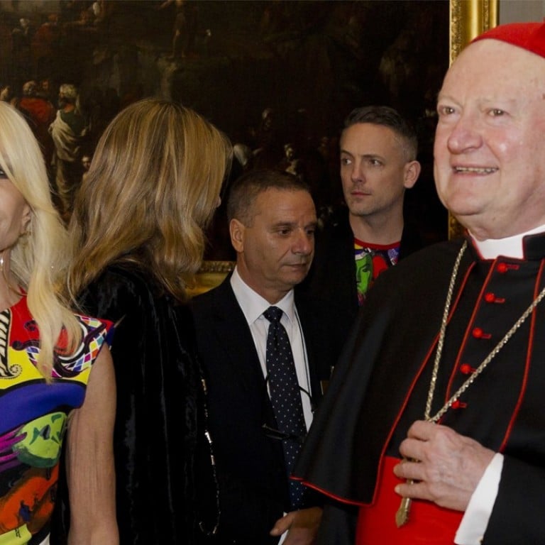 Designer Donatella Versace (left) with Cardinal Gianfranco Ravasi at the Palazzo Colonna in Rome on Monday to publicise May’s New York Metropolitan Museum of Art’s exhibition. Photo: AP