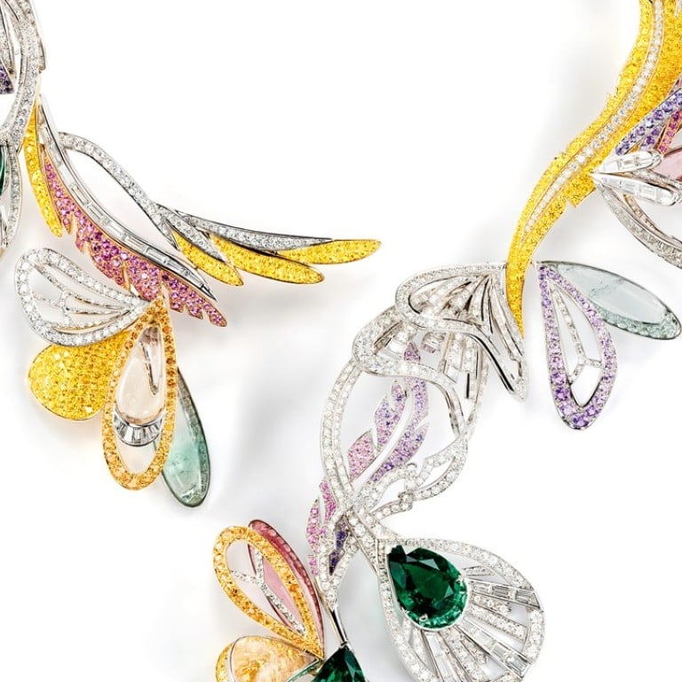 Boucheron. Inspired by butterflies, dragonfly wings and peacock feathers, the Bouquet d’Ailes necklace in white gold is adorned with emeralds, coloured sapphires, diamonds and other fine stones, HK$6.8 million