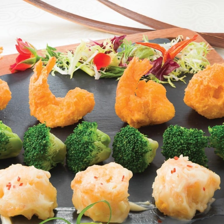 Fried prawns in 2 ways with egg yolk and wasabi dressing from Canton, a restaurant at The Venetian Macao