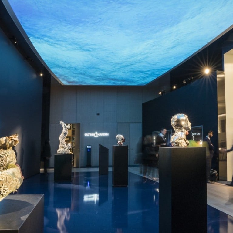 Ulysse Nardin's booth at SIHH 2018 features sculptures by contemporary British artist Damien Hirst. Photo: Anders Modig