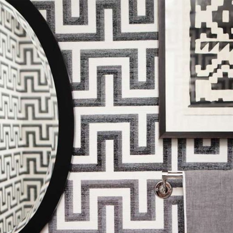 A guest’s bathroom by Briana Nix with Phillip Jeffries’ ‘It’s Greek to Me’ wallpaper. Photo: David Nix