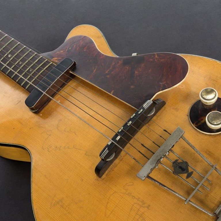 This image provided by Julien's Auctions shows George Harrison’s first electric guitar. The auction house estimates the guitar will sell for between US$200,000 and US$300,000. Photo: Julien's Auctions via AP