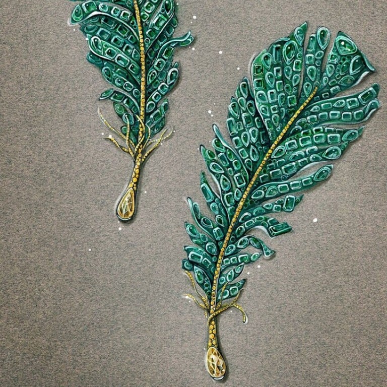 Sketches of emerald feather brooches from CINDY CHAO The Art Jewel