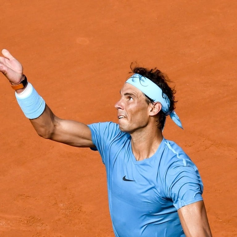 Rafael Nadal of Spain – wearing his Richard Mille M27-03 watch, valued at US$725,000 – prepares to serve on his way to victory again Austria’s Dominic Thiem in the French Open men’s singles final on Sunday. Photo: Xinhua