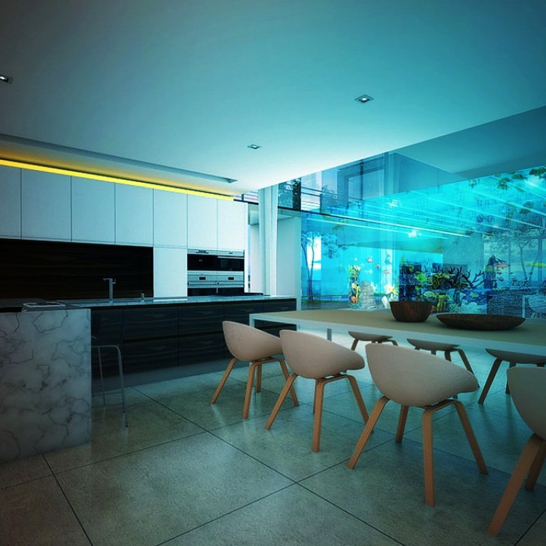 The stunning aquarium features high-transparency acrylic windows.