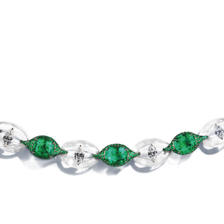 Chopard. This 18ct white gold bracelet is set with six cushion-shaped cushions emeralds, diamonds and quartz. Price on request