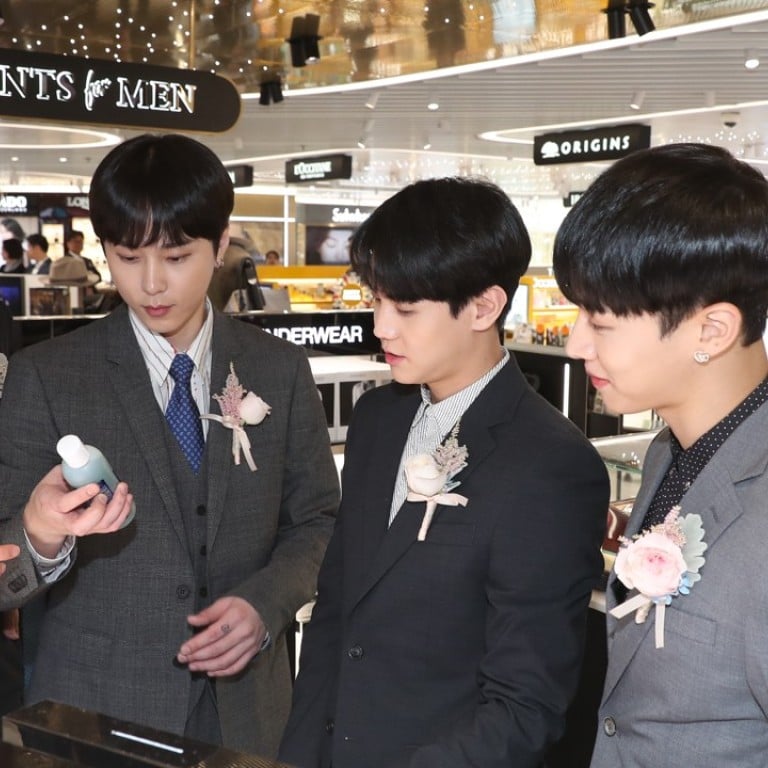 K-pop boy band Highlight at Hong Kong International Airport for the opening ceremony for Beauty & You by The Shilla Duty Free. Left to right: Son Dong-woon, Yong Jun-hyung, Yang Yo-seob and Lee Gi-kwang