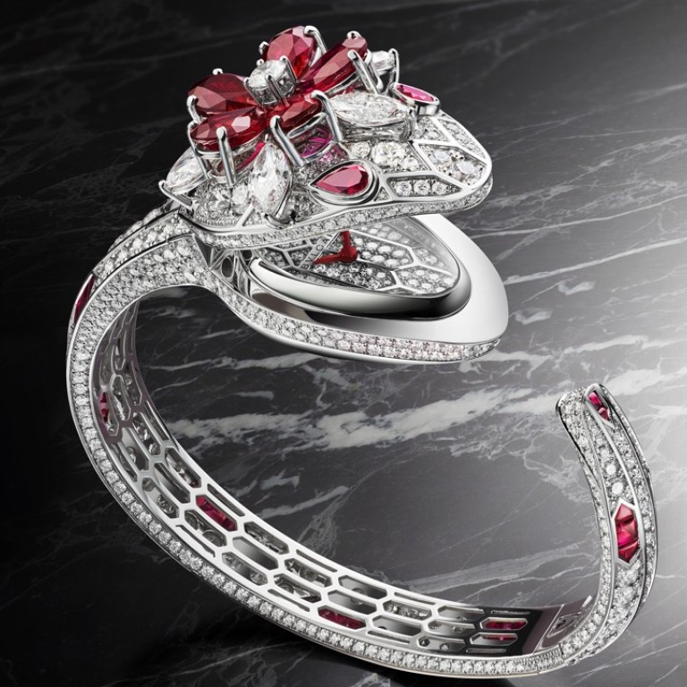 Bulgari. The Serpenti Seduttori collection’s secret watch is set in white gold with diamonds, featuring 47 rubies totalling 11.82ct, HK$3.71 million