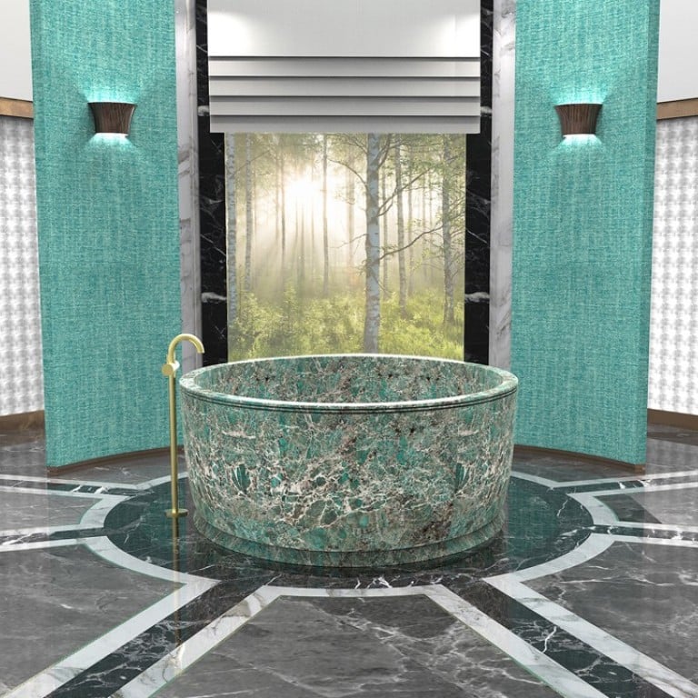 Inspired by forest bathing, with large windows opening into nature, the bathroom allows you to be at one with the environment while also being in the lap of luxury, which is a wonderful combination.