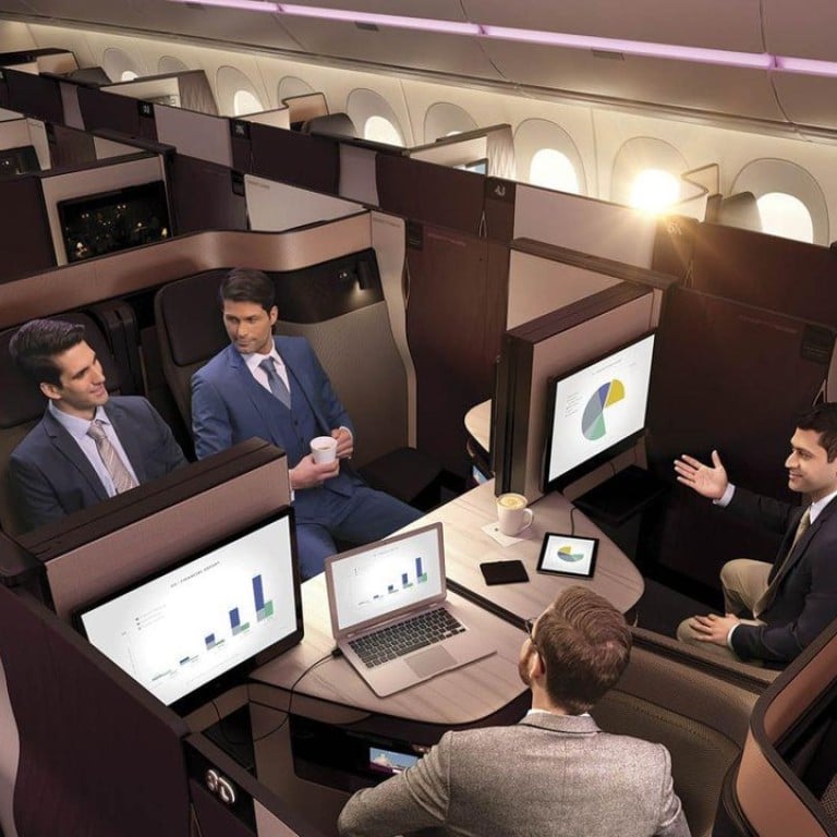 A living-room configuration of the modular Qsuite, Qatar Airways' new business-class product. Photo: Qatar Airways