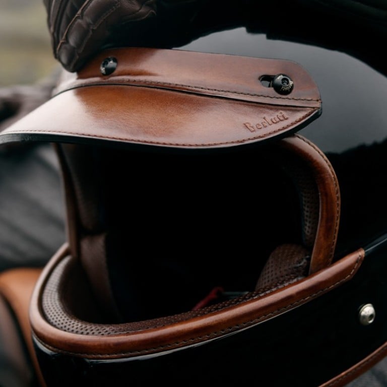 Berluti’s luxurious biker ‘Off the Road’ capsule collection offers different creations, including calf-leather boots, bags, wallets and this carbon-fibre crash helmet with leather edges – designed in collaboration with high-end headgear maker Veldt. Photos: Berluti