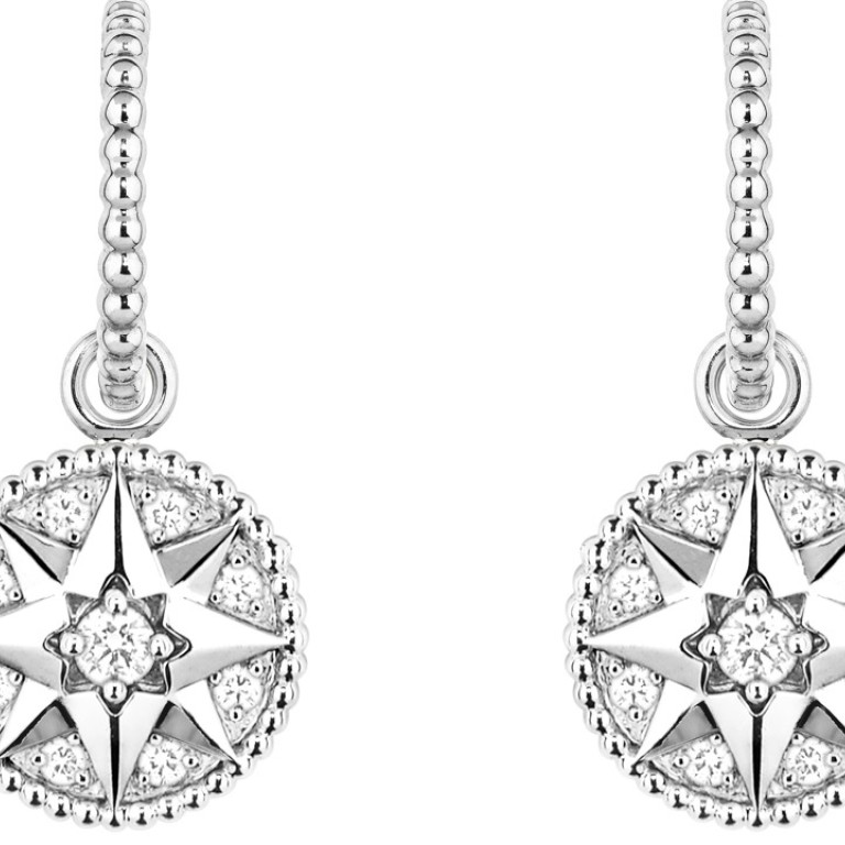 Dior. The charming Rose des Vents earrings in 18ct white gold and diamonds feature founder Christian Dior’s lucky star and his favourite flower, HK$93,500
