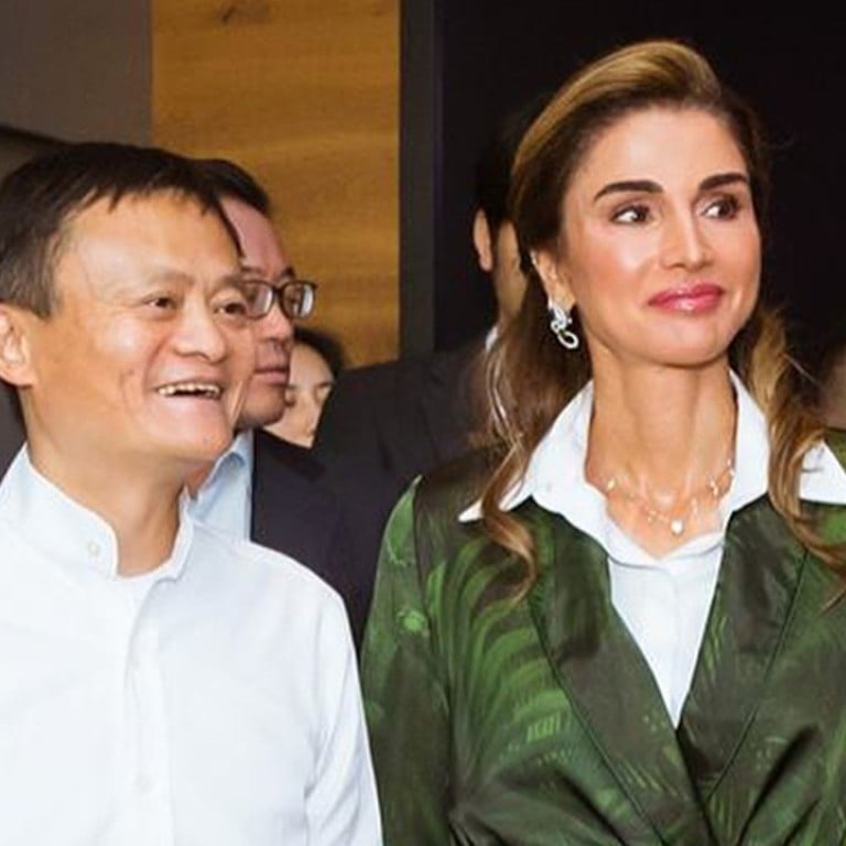 Jack Ma (left) executive chairman of Alibaba Group, with Queen Rania of Jordan, during her visit to the e-commerce conglomerate’s Hangzhou headquarters last Wednesday. Photo: Instagram @royalworldthailand