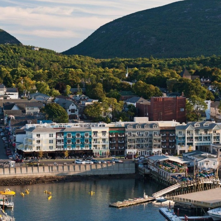 The upmarket, multicoloured West Street Hotel, which sits right on the waterfront at Bar Harbor resort in Maine, in the United States. Photo: West Street Hotel