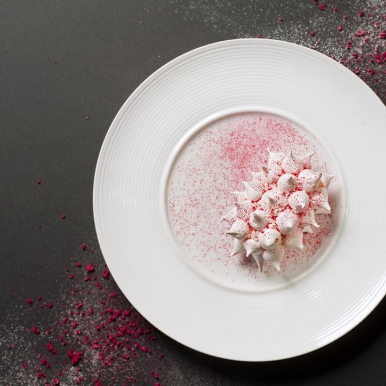 Pink rose and watermelon petit gateau, layered with sponge cake, watermelon and meringue Valrhona 33% white chocolate cream from Cé La Vi four-hands collaboration menu.