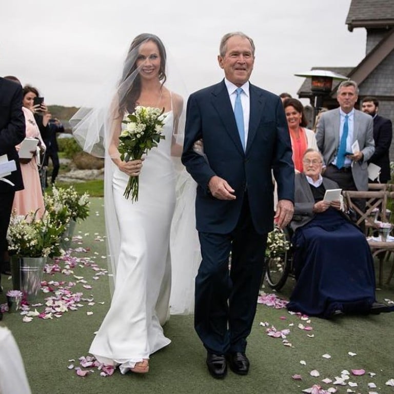 Barbara Bush is escorted by her father, former US president George W Bush, at her wedding. Instagram: George W. Bush