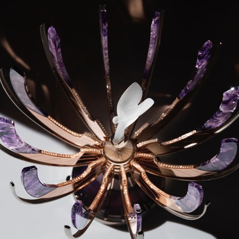 The Fabergé egg opens to reveal the ‘Spirit of Ecstasy’ sculpted in rock crystal.