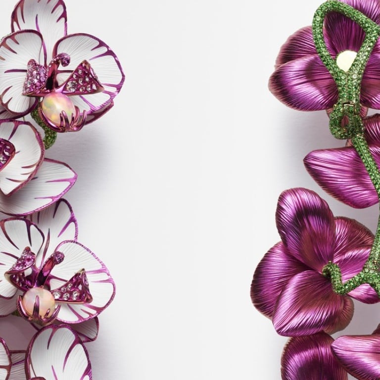 Chopard. The orchid earrings from the Red Carpet collection dedicated to this year’s Cannes Film Festival are made in titanium and set with 9.9ct of white opal cabochons, 42ct of yellow sapphires, 24.6ct of garnets and 11.2ct of tsavorites. Price on request