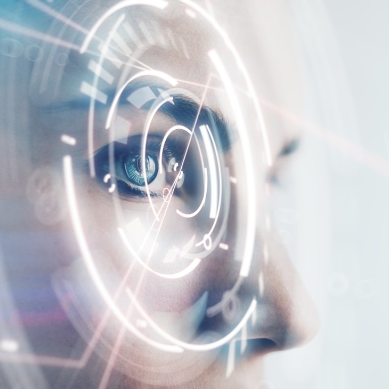 Closeup of woman eye with visual effects, isolated on white background. Horizontal, wide