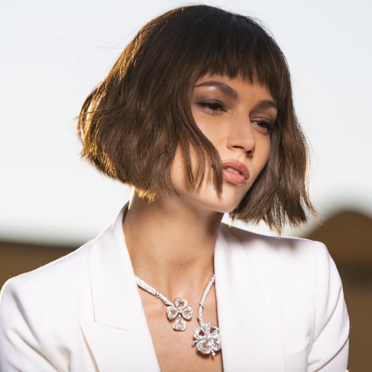Spanish actress Ursula Corbero, the new brand ambassador of Bulgari’s Fiorever high-jewellery collection, models a white-gold necklace featuring an eight-petal flower as its motif.