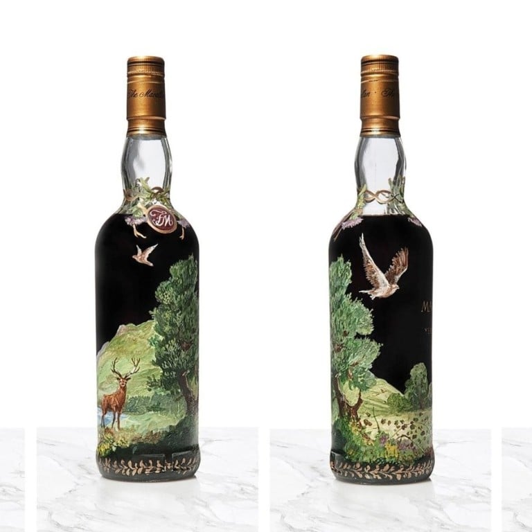 A single bottle of The Macallan 60 Year Old Scotch whisky, featuring a hand-painted bottle by Irish artist Michael Dillon, which was sold for more than US$1.5 million. Photos: Christie’s