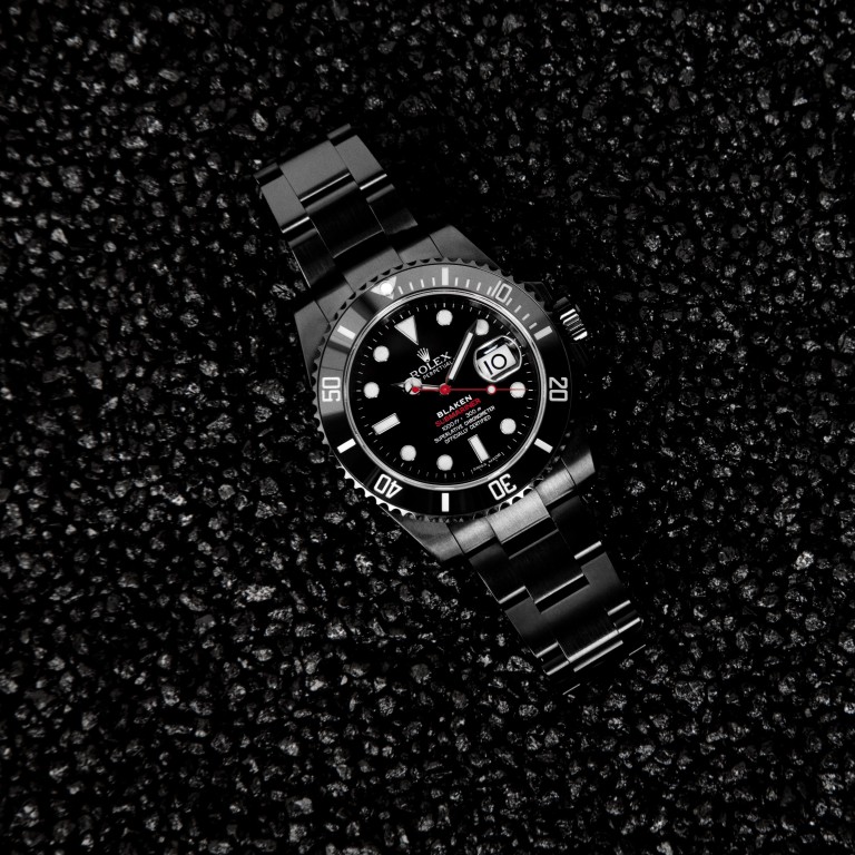 A Rolex Submariner that has undergone alterations by Blaken, a third-party customisation company. Usually people who choose to customise their watches do not plan to sell them. It is more of a sentimental experience for them.