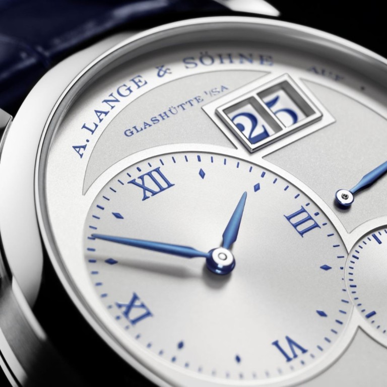 A. Lange & Söhne’s limited-edition Lange 1 ‘25th Anniversary’ timepiece sports an argenté-coloured dial in solid silver with deep-blue accents.
