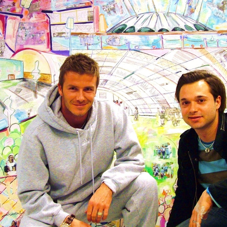 Soccer star David Beckham in an earlier collaboration with Sacha Jafri. The artwork features Beckham’s footprint.